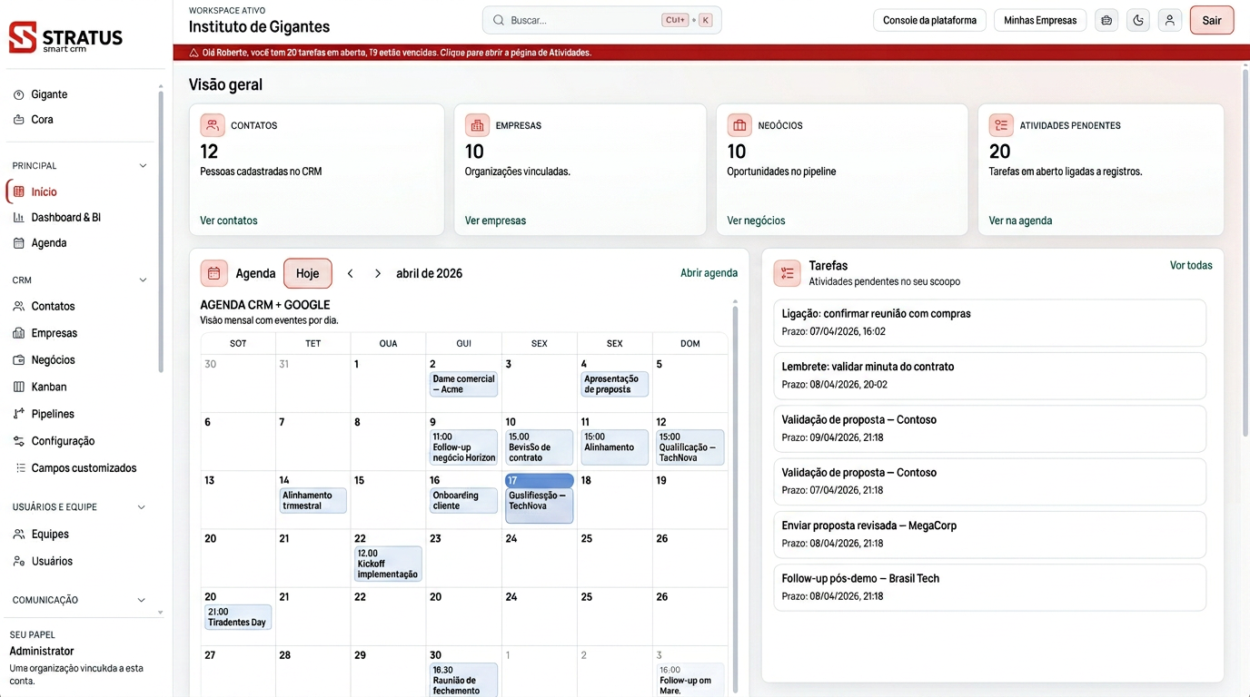 Stratus CRM — tela Início com visão geral, agenda e tarefas (ilustração)